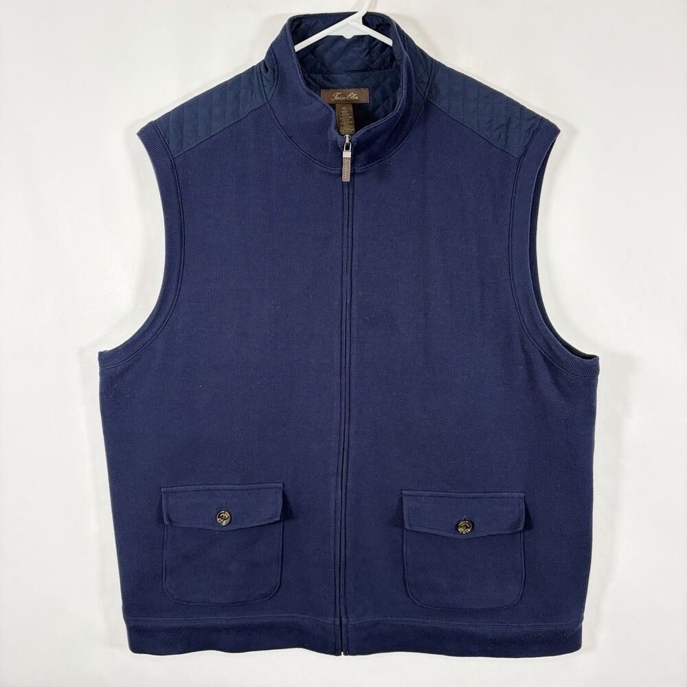 Tasso Elba Full Zip Vest Mens Size XL Navy Blue Knit Quilted Lining Pockets